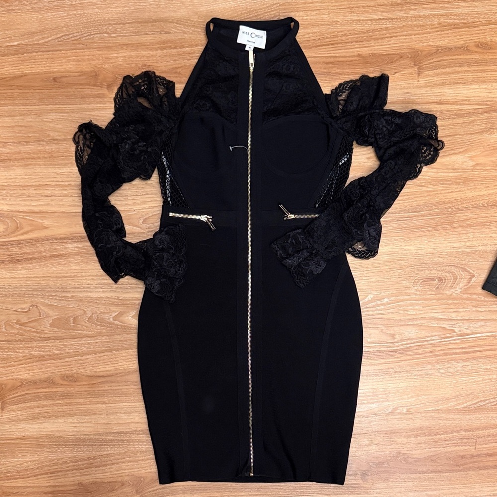 Black Lace-Sleeve Halter Bodycon Dress with Gold Zippers